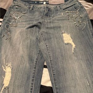 Jennifer Lopez Light Blue Boyfriend Jeans with Rhinestone Embellishments